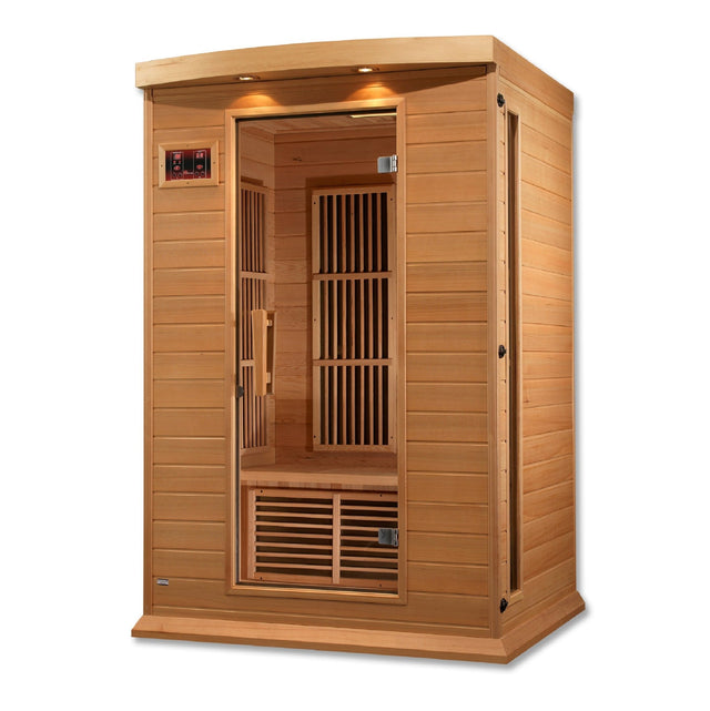 infrared sauna Maxxus 2-person near zero EMF far infrared model made from Canadian hemlock, angled front-right view