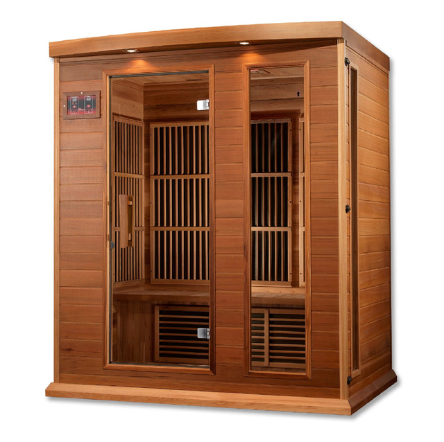 infrared sauna Maxxus 3-person low EMF far infrared model made from Canadian red cedar, angled front-right view