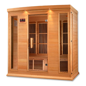 infrared sauna Maxxus 4-person low EMF far infrared model made from Canadian hemlock, angled front-right view
