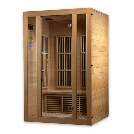infrared sauna Maxxus Seattle 2-person near zero EMF far infrared model made from Canadian hemlock, angled front-right view